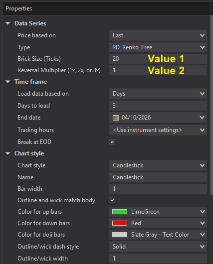RD Renko Free parameter panel in NinjaTrader 8