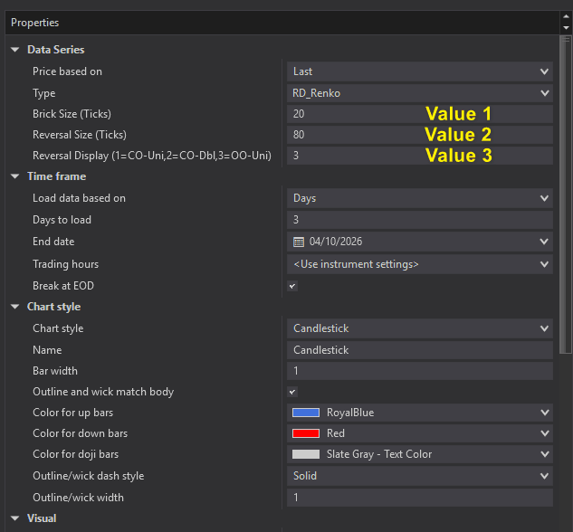 RD Renko paid parameter panel in NinjaTrader 8