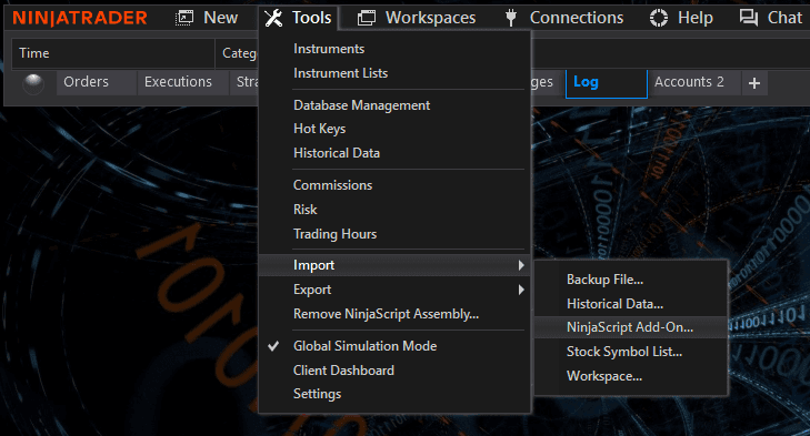 NinjaTrader Control Center Tools menu with Import and NinjaScript Add-On options highlighted