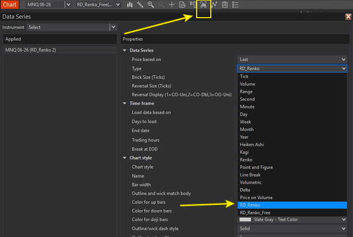 NinjaTrader Data Series window with RD_Renko selected in the bar type list